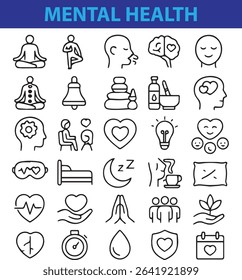 set of 50 minimal line icons focused on mental health, emotional wellbeing, and psychological care