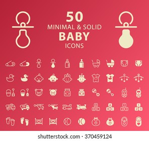 Set of 50 Minimal and Solid Baby Icons. Vector Isolated Elements.