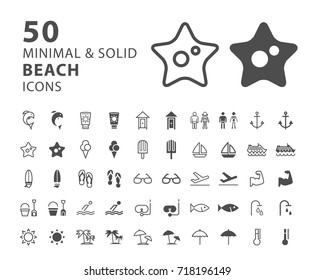 Set of 50 Minimal and Solid Beach Icons on White Background . Vector Isolated Elements