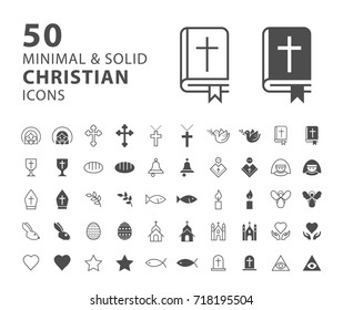Set of 50 Minimal and Solid Christian Icons on White Background . Vector Isolated Elements