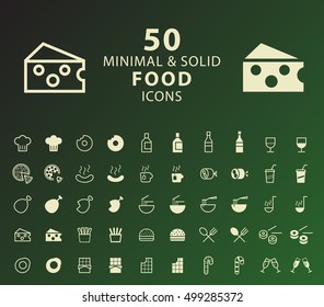 Set of 50 Minimal and Solid Food Icons. Vector Isolated Elements.