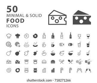 Set of 50 Minimal and Solid Food Icons on White Background . Vector Isolated Elements