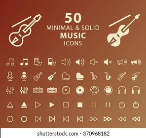 Set of 50 Minimal and Solid Music Icons. Vector Isolated Elements.