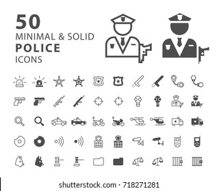 Set of 50 Minimal and Solid Police Icons on White Background . Vector Isolated Elements