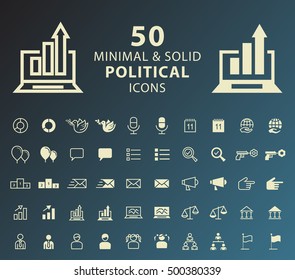 Set Of 50 Minimal And Solid Political Icons. Vector Isolated Elements.