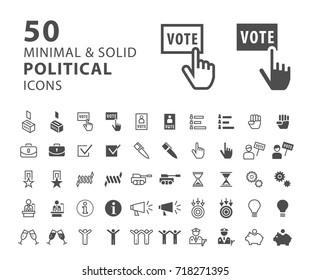Set of 50 Minimal and Solid Political Icons on White Background . Vector Isolated Elements