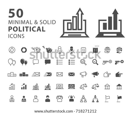 Set of 50 Minimal and Solid Political Icons on White Background . Vector Isolated Elements