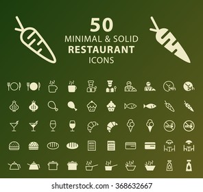 Set of 50 Minimal and Solid Restaurant Icons. Vector Isolated Elements.