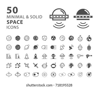 Set of 50 Minimal and Solid Space Icons on White Background . Vector Isolated Elements