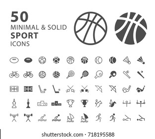 Set of 50 Minimal and Solid Sport Icons on White Background . Vector Isolated Elements