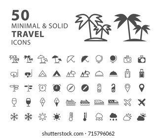 Set of 50 Minimal and Solid Travel Icons on White Background . Vector Isolated Elements