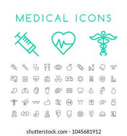 Set of 50 Minimal Thin Line Medical Icons on White Background . Isolated Vector Elements