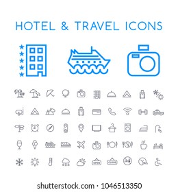 Set of 50 Minimal Thin Line Hotel and Travel Icons on White Background . Isolated Vector Elements