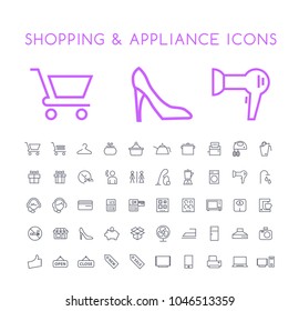 Set of 50 Minimal Thin Line Shopping and Appliances Icons on White Background . Isolated Vector Elements