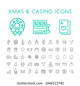 Set of 50 Minimal Thin Line Christmas and Casino Icons on White Background . Isolated Vector Elements
