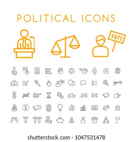 Set of 50 Minimal Thin Line Political Icons on White Background . Isolated Vector Elements 