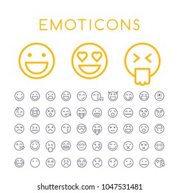 Conjunto de 50 iconos de emoticonos mínimos de línea delgada sobre fondo blanco . Elementos vectores aislados 