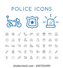 Set of 50 Minimal Thin Line Police Icons on White Background . Isolated Vector Elements 