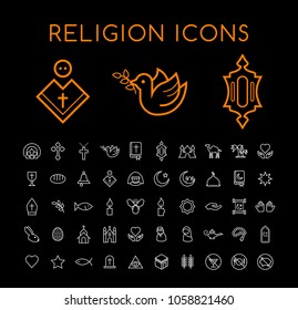 Set of 50 Minimal Thin Line White Christian and Islamic Icons on Black Background . Isolated Vector Elements