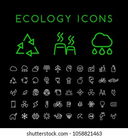 Set of 50 Minimal Thin Line White Ecology Icons on Black Background . Isolated Vector Elements