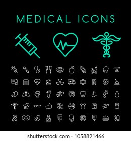Set of 50 Minimal Thin Line White Medical Icons on Black Background . Isolated Vector Elements