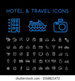 Set of 50 Minimal Thin Line White Hotel and Travel Icons on Black Background . Isolated Vector Elements
