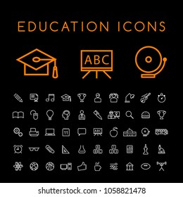 Set of 50 Minimal Thin Line White Education Icons on Black Background . Isolated Vector Elements