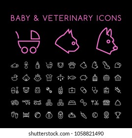 Set of 50 Minimal Thin Line White Baby and Veterinary Icons on Black Background . Isolated Vector Elements