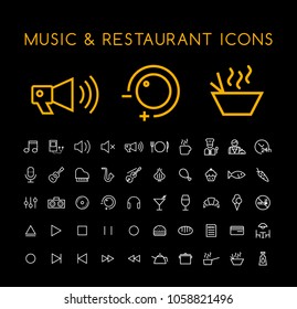 Set of 50 Minimal Thin Line White Music and Restaurant Icons on Black Background . Isolated Vector Elements
