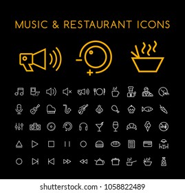 Set of 50 Minimal Thin Line White Music and Restaurant Icons on White Background . Isolated Vector Elements