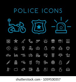 Set of 50 Minimal Thin Line White Police Icons on Black Background . Isolated Vector Elements 