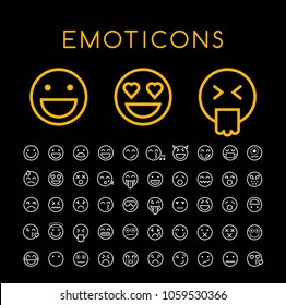 Set of 50 Minimal Thin Line White Emoticons Icons on Black Background . Isolated Vector Elements 
