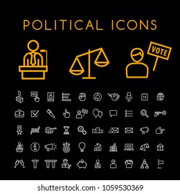 Set of 50 Minimal Thin Line Political White Icons on Black Background . Isolated Vector Elements 