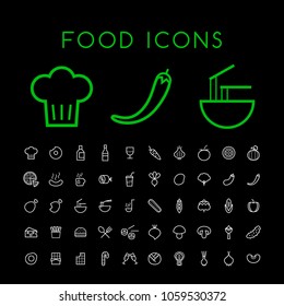 Set of 50 Minimal Thin Line White Food Icons on Black Background . Isolated Vector Elements 