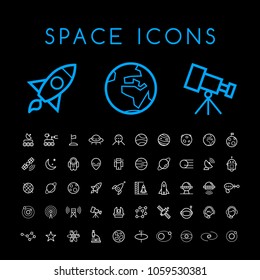 Set of 50 Minimal Thin Line White Space Icons on Black Background . Isolated Vector Elements 