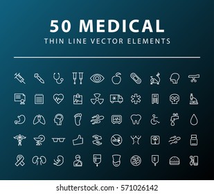 Conjunto de 50 iconos médicos de línea delgada mínimos en un fondo oscuro. Elementos vectoriales aislados.