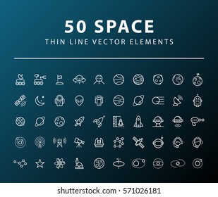 Set of 50 Minimal Thin Line Space Icons on Dark Background. Isolated Vector Elements.