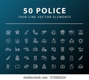 Set of 50 Minimal Thin Line Police Icons on Dark Background. Isolated Vector Elements.