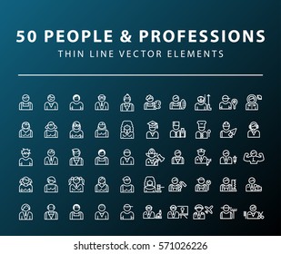 Set of 50 Minimal Thin Line People and Professions Icons on Dark Background. Isolated Vector Elements.