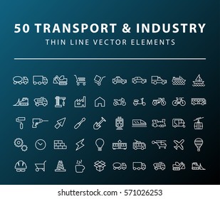 Set of 50 Minimal Thin Line Transport and Construction Icons on Dark Background. Isolated Vector Elements.