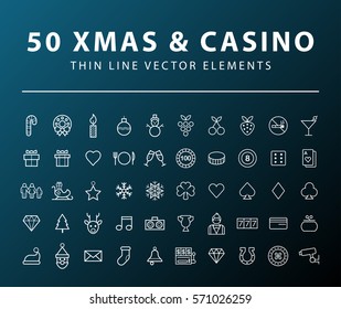 Set of 50 Minimal Thin Line Christmas and Casino Icons on Dark Background. Isolated Vector Elements.