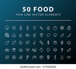 Set of 50 Minimal Thin Line Food Icons on Dark Background. Isolated Vector Elements.