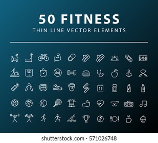 Set of 50 Minimal Thin Line Fitness Icons on Dark Background. Isolated Vector Elements.