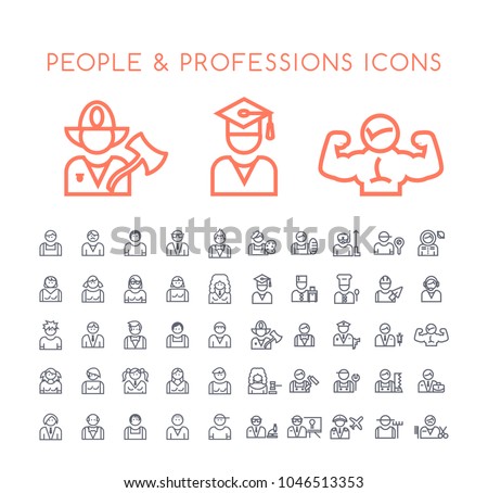 Set of 50 Minimal Thin Line People and Professions Icons on White Background . Isolated Vector Elements