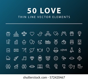 Set of 50 Minimal Valentine's Day Icons on Dark Background. Isolated Vector Elements.