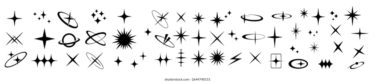 Set of 50 minimalist black vector icons featuring starbursts, sparkles, atomic orbits, rings and lightning shapes on white background for cosmic, science or decorative design projects. Vector