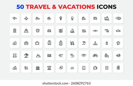 A set of 50 minimalistic icons representing diverse travel, transportation, and vacation themes, perfect for web design, presentations, and promotional material