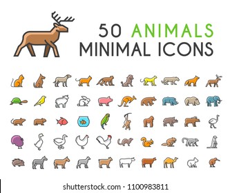 Set of 50 Minimalistic Solid Line Coloured Animal Icons . Isolated Vector Elements