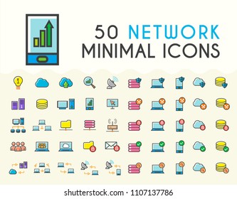 Set of 50 Minimalistic Solid Line Coloured Network Icons . Isolated Vector Elements