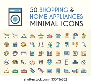 Set of 50 Minimalistic Solid Line Coloured Shopping and Home Appliances Icons. Isolated Vector Elements.